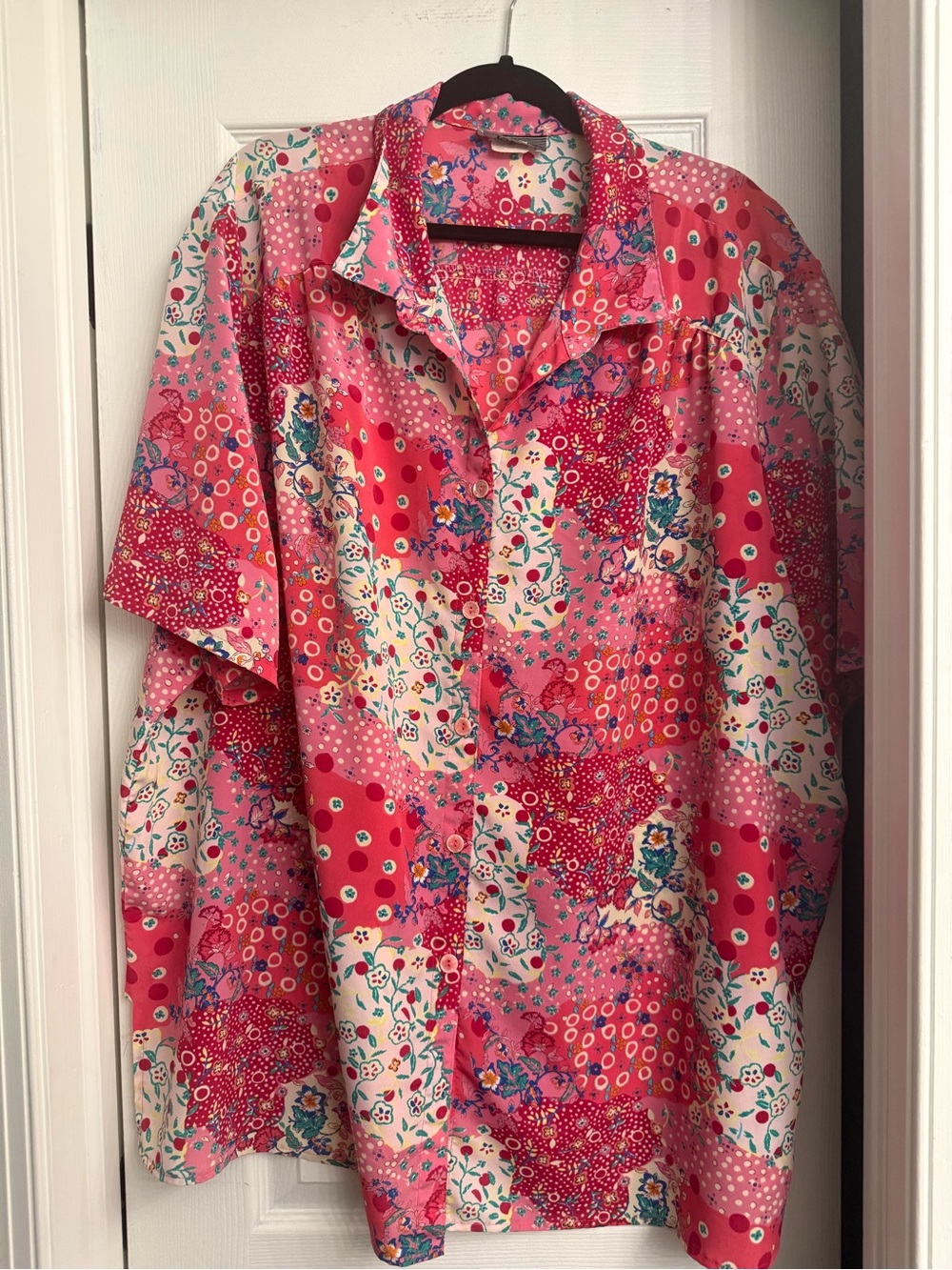 Women's Pink Patchwork Floral Button-Front Blouse